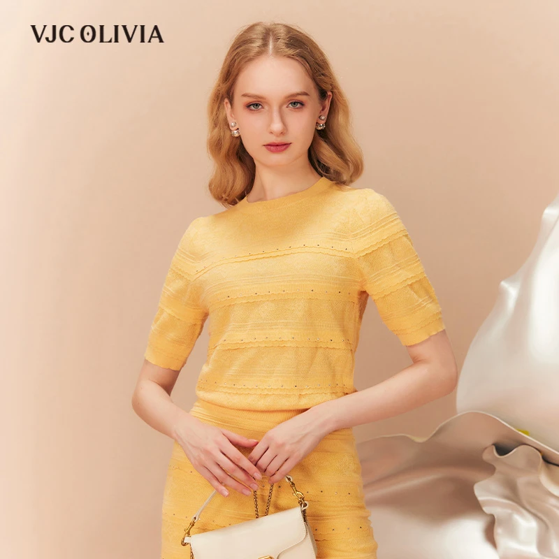 【纳米丝提花】VJC OLIVIA针织提花上衣轻奢波浪边钉珠短V24BC1446