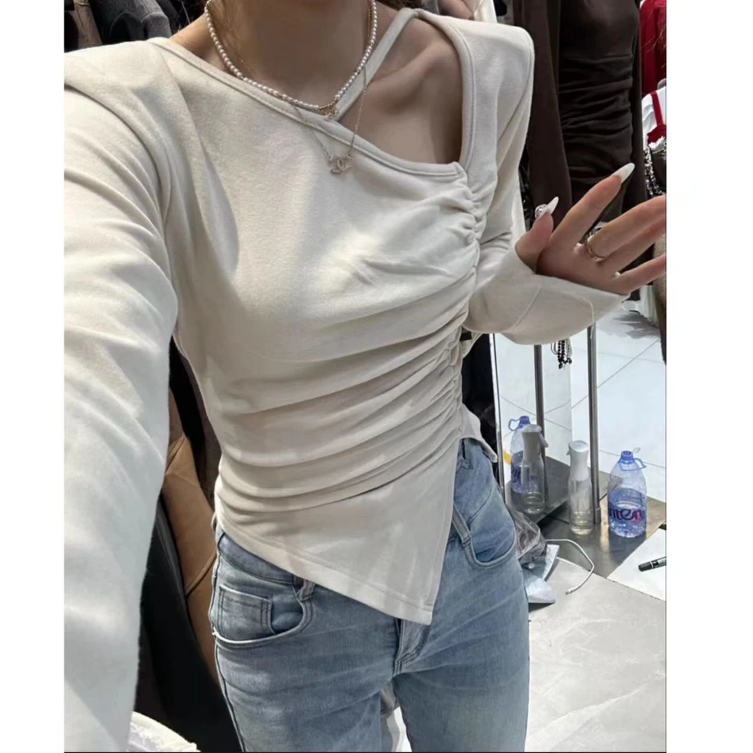 睿夕【软酪甜心】韩版时尚斜杠褶皱显瘦双面德绒百搭洋气T恤