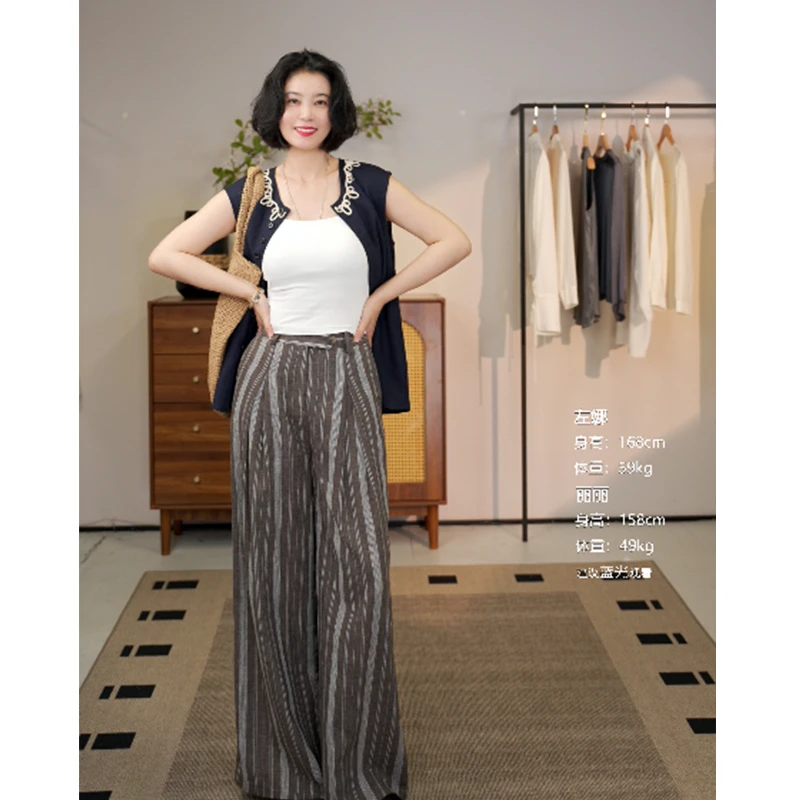 【左娜】春季新款女松版棉麻阔腿裤长裤高腰直筒休闲裤子