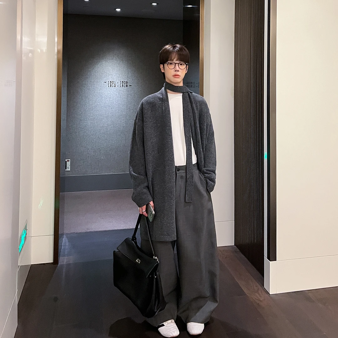高林凡 高知识分子穿搭/中长款开衫针织毛衣男慵懒风宽松毛衣外套