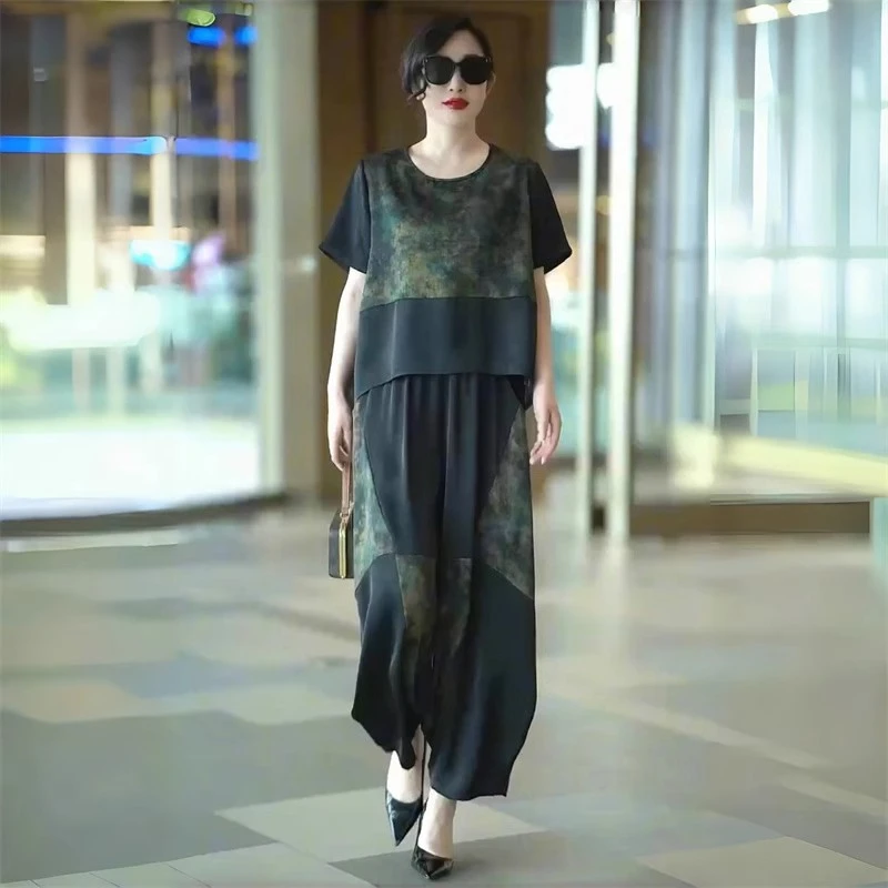 欧洲站高端夏季中年妈妈套装时尚宽松大码遮肚子哈伦裤两件套