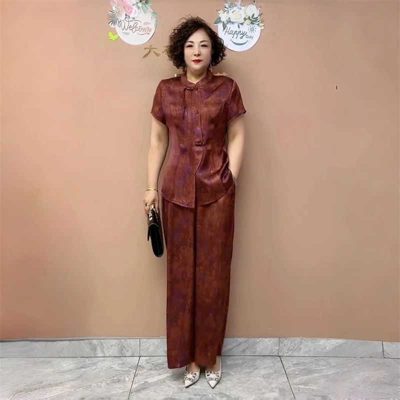 992新中式妈妈盘扣旗袍衬衫夏季短袖气质高贵阔腿裤真丝两件套装
