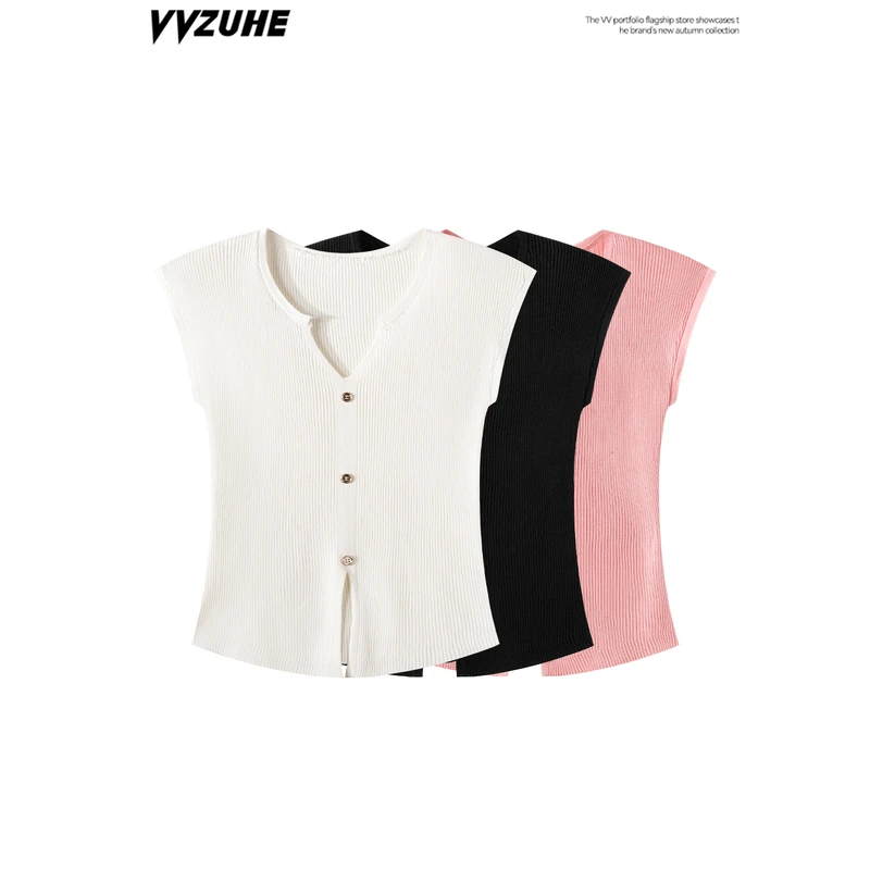 纯色简约气质V领无袖t恤女夏季外穿修身针织辣妹纯欲显身材短上衣