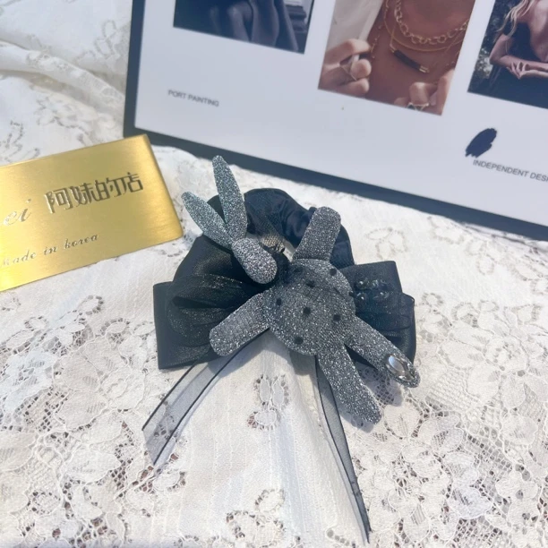 最新款大肠发圈银色兔子蝴蝶结可爱甜美头饰皮筋原创设计发绳