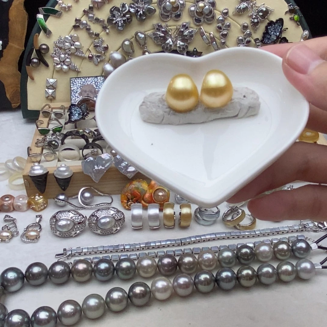 海水珍珠画框银S925镶嵌金珠耳包