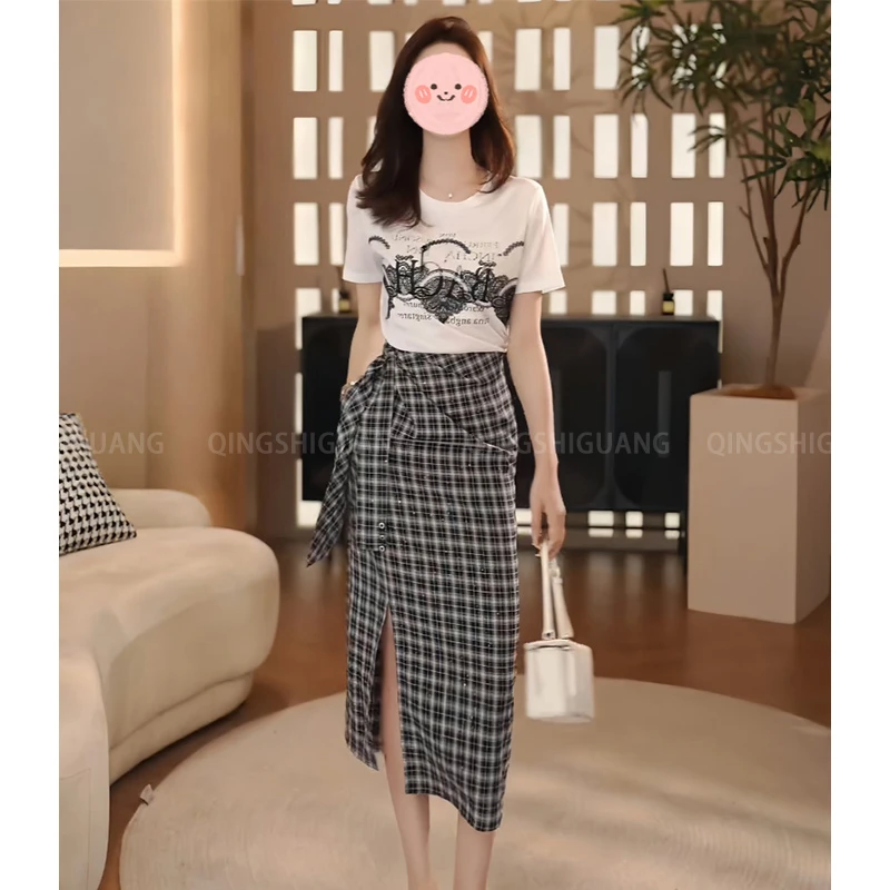 韩系夏季新款减龄蕾丝拼接圆领短袖T恤百搭通勤慵懒半身裙套装女