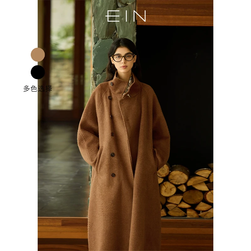 EIN/言文艺复古美拉德立领交叠式单排扣毛呢长大衣外套秋冬新款