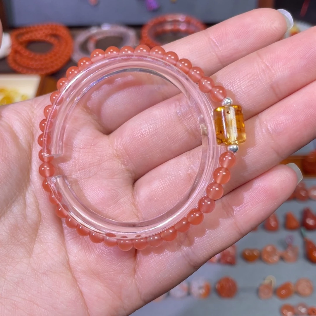 南红玛瑙未镶嵌冰粉单圈手链卡4.7花珀桶珠