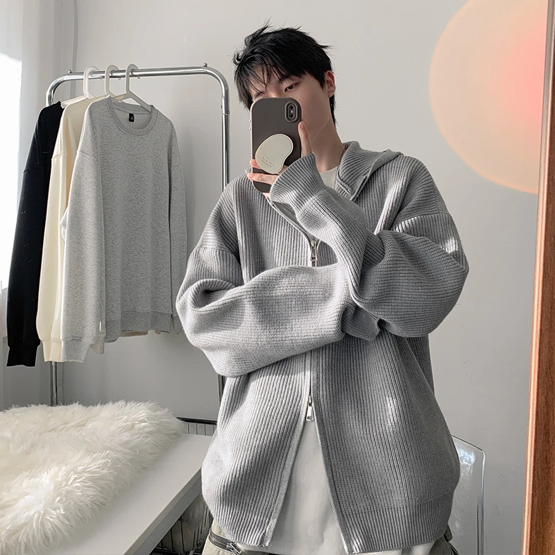 高端针织衫开衫毛衣春秋韩版男士针织开衫短款纯色休闲百搭连帽