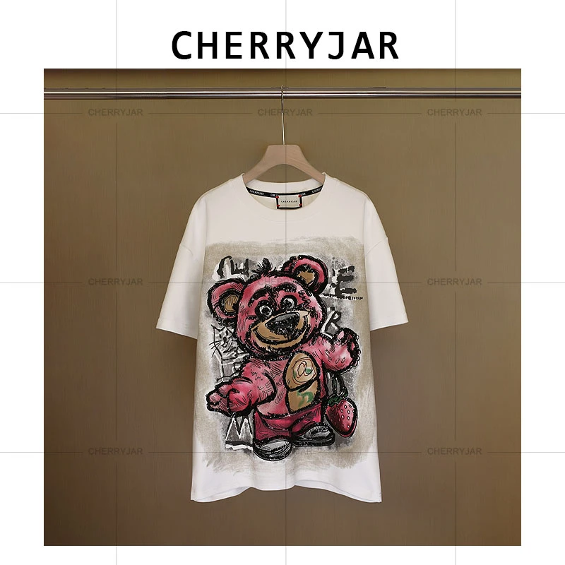Cherryjar【251029】夏季休闲草莓熊双面重工圆领印花亮片宽松国潮