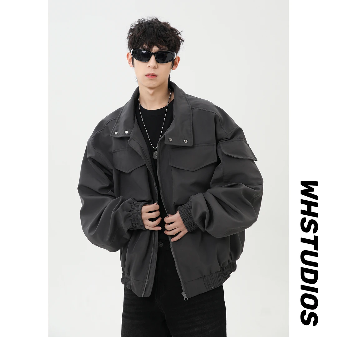 美式bomber轻骑兵服灰色工装外套男生痞帅飞行夹克短款正肩棒球服