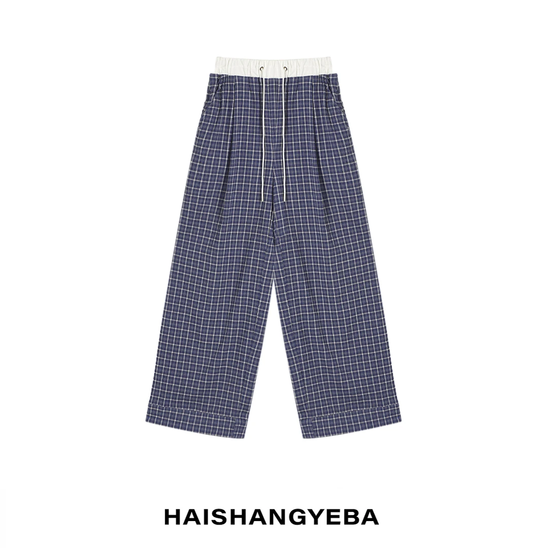 【海上叶爸】新款2025春夏百搭棉松紧腰宽松拼接格纹休闲裤