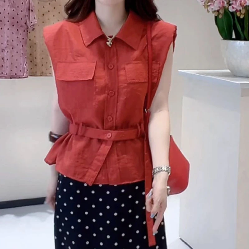 法式收腰衬衣女款2025新款高级感气质衬衫女上衣无袖夏季小衫时尚