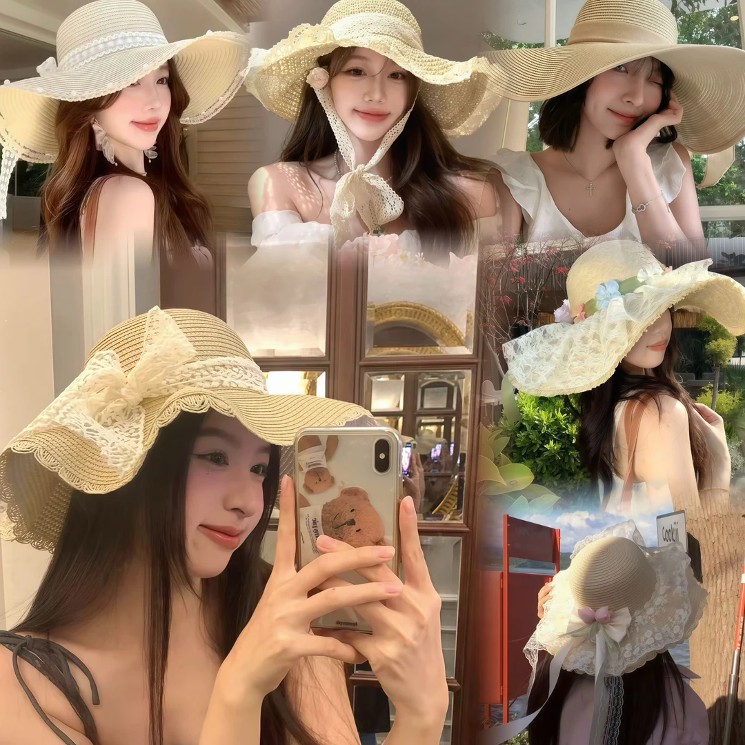 草帽合集韩版系带镂空草编帽女夏出游防晒沙滩太阳帽蕾丝边遮阳帽