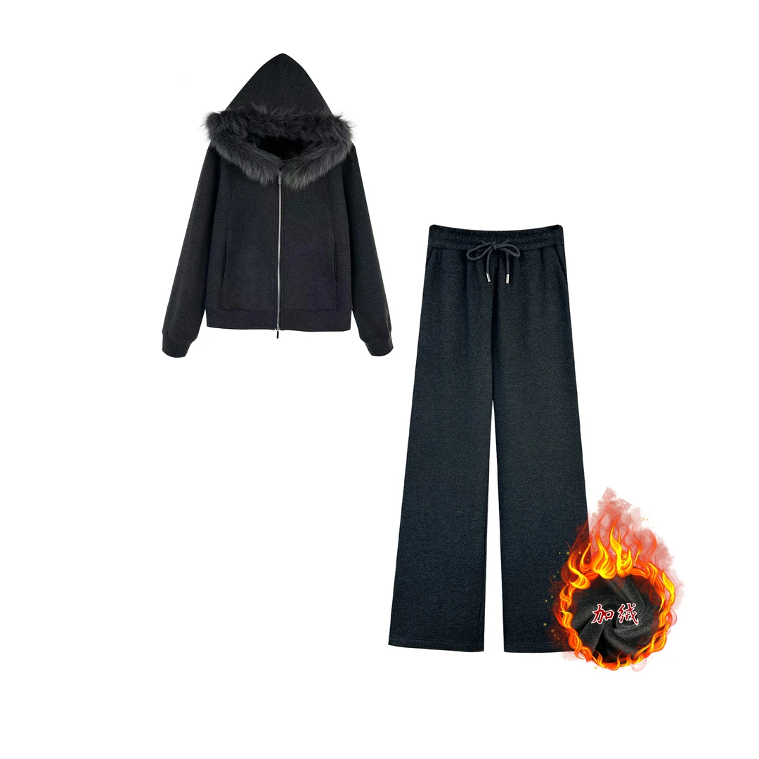 【暖绒暮烟】时尚高级感休闲连帽毛领套装353297