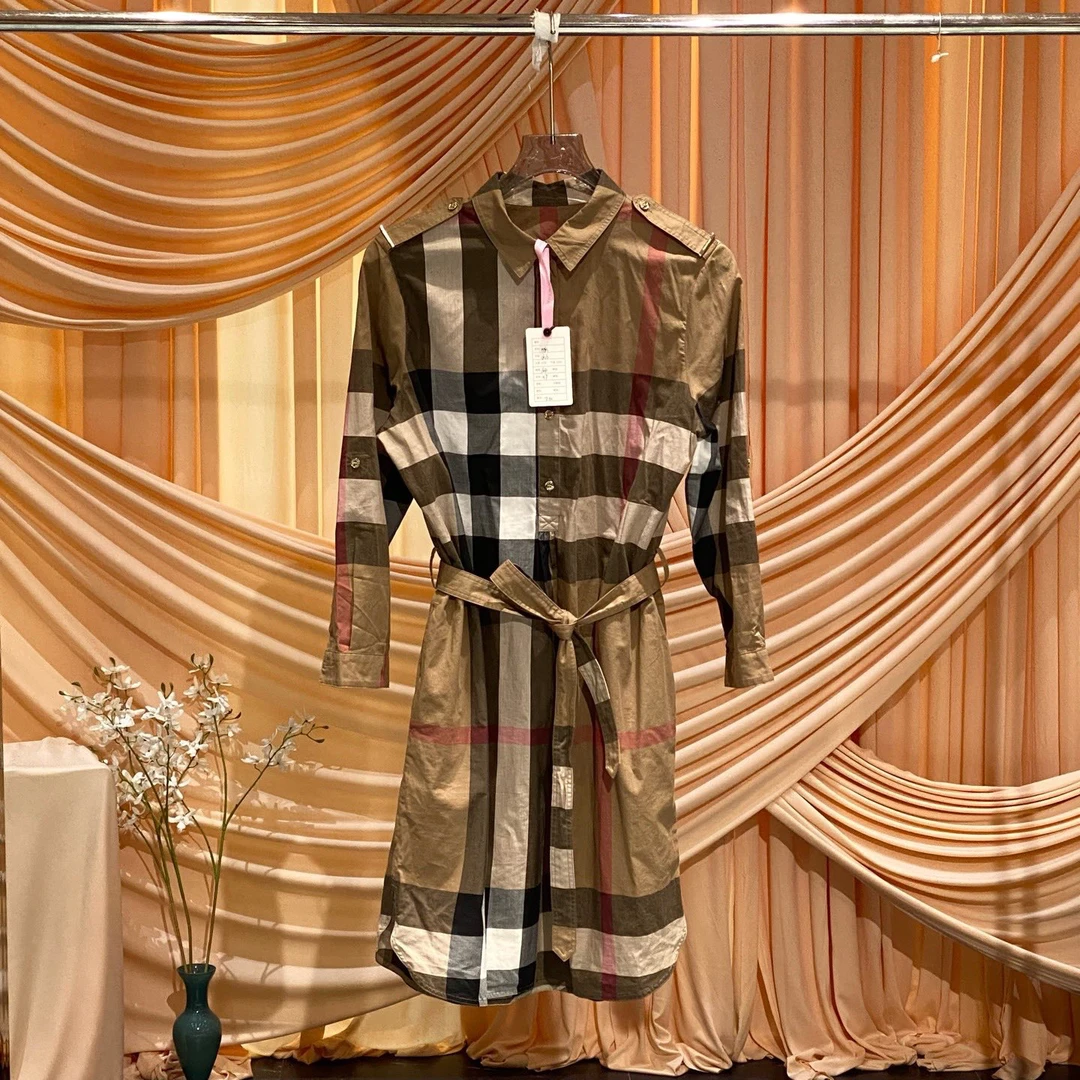 99新 BURBERRY/博柏利 Burberry棕色格纹系带连衣裙/uk10码/38721
