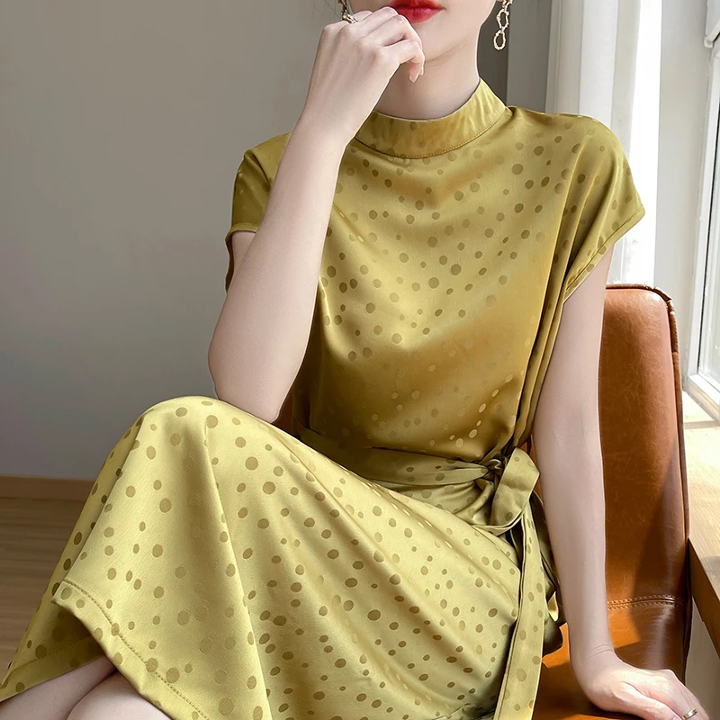 醋酸缎面立领波点短袖连衣裙2025夏季新款过膝显瘦长裙