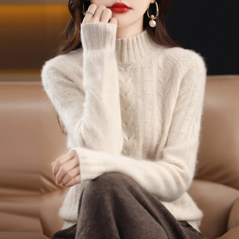 【重磅加厚】纯羊绒衫女半高领绞花套头毛衣时尚百搭羊绒针织打底