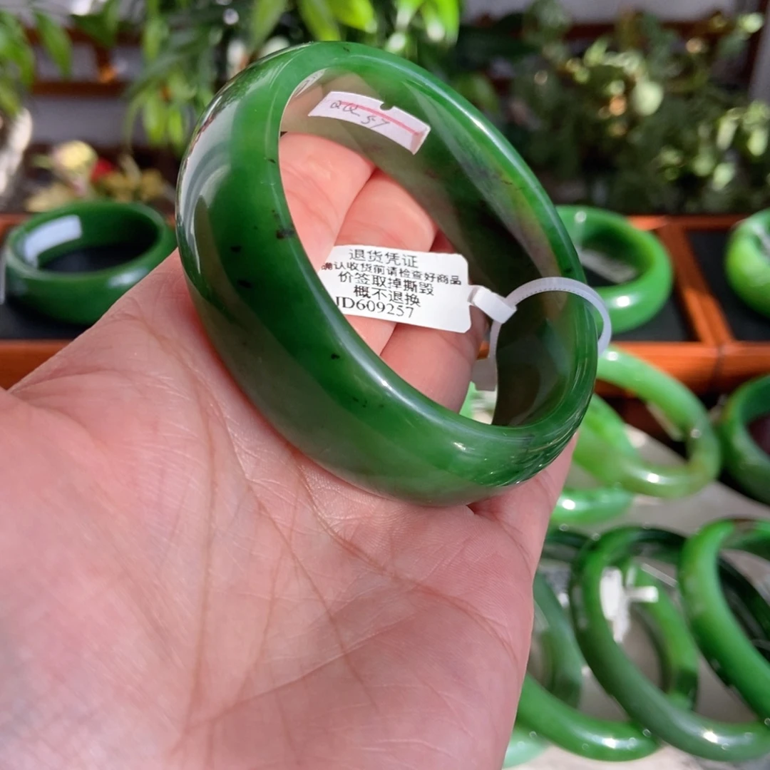 和田玉（碧玉）未镶嵌手镯俄碧阳绿宽胎5758