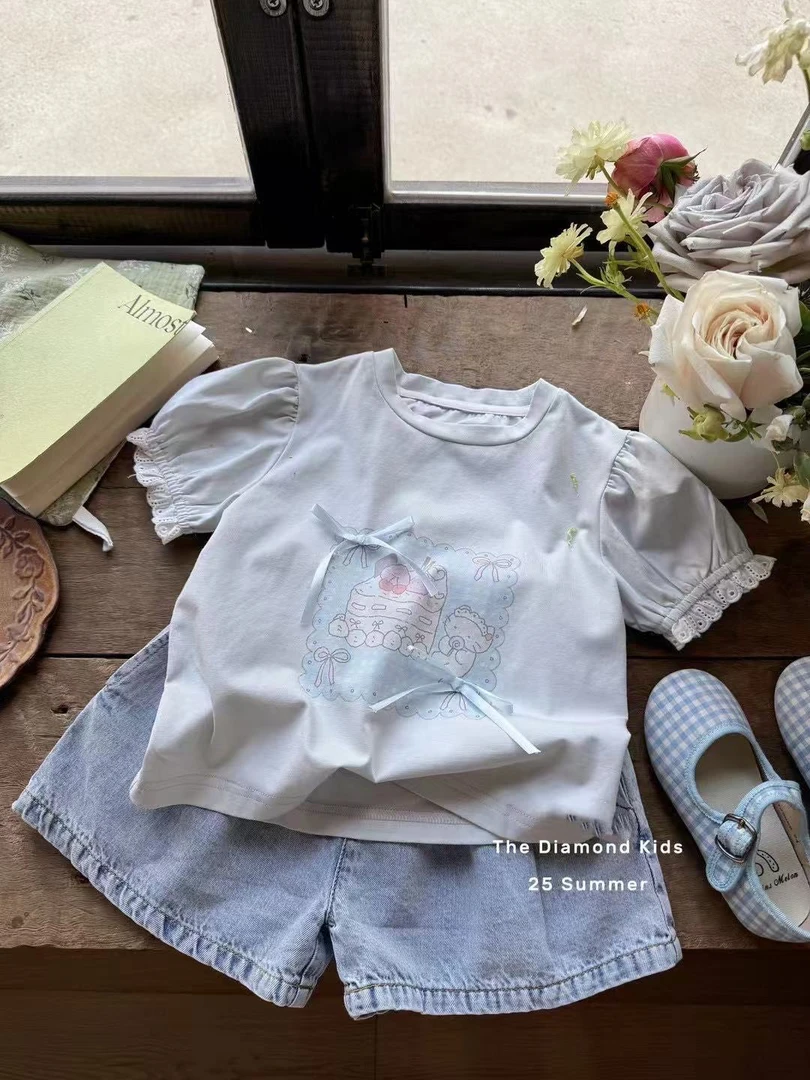 （橙小7现货）现货女童白色卡通花边袖上衣（CXQ-5270-夏A）