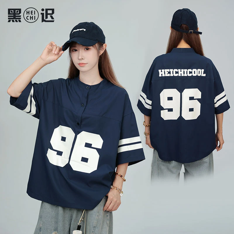 黑迟原创美式学院风POLO衫短袖t恤男女同款夏季半袖体恤衫