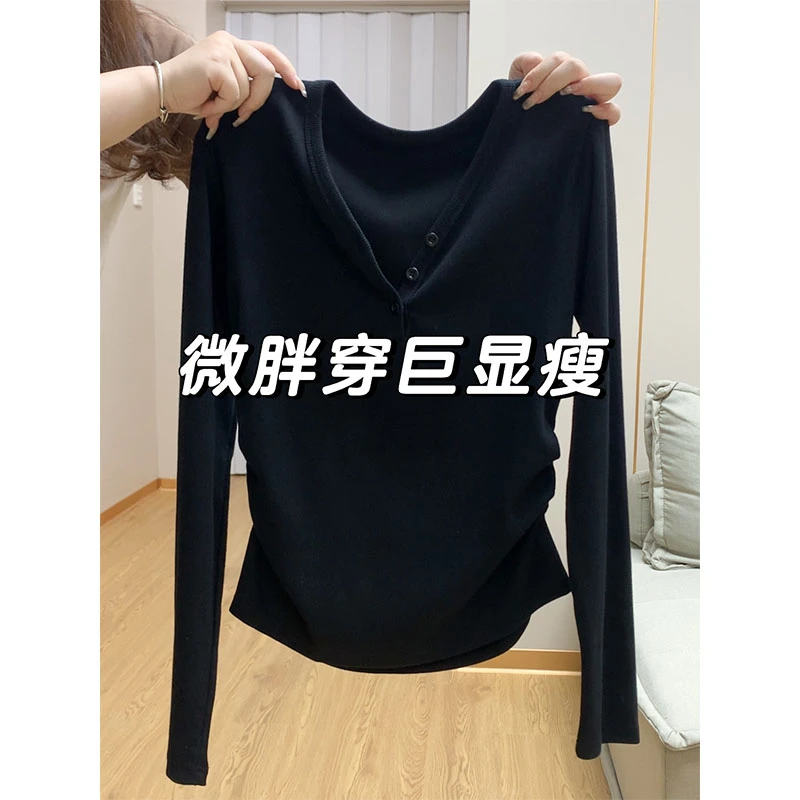 大码200斤排扣正肩V领长袖T恤女春季新款显瘦百搭打底衫上衣内搭