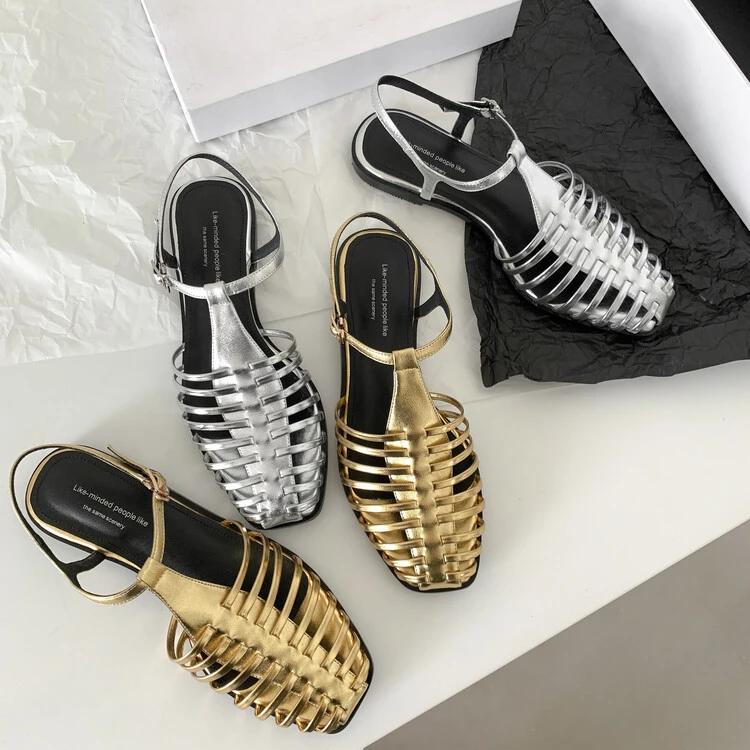 ML596/2CM牛皮编织复古女士线缝时尚时装凉鞋夏季软底