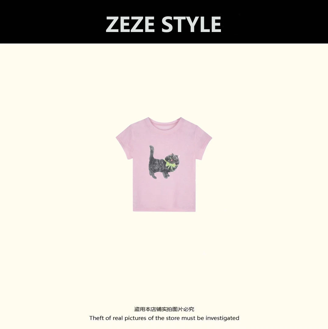 【领带小猫薄款】小众设计莱赛尔领带猫印花短袖T恤女夏季2025新款