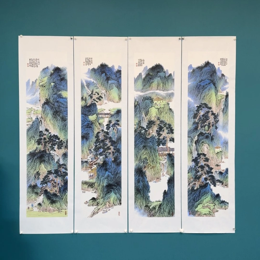 如***轩国画卫长林四条屏工笔青绿