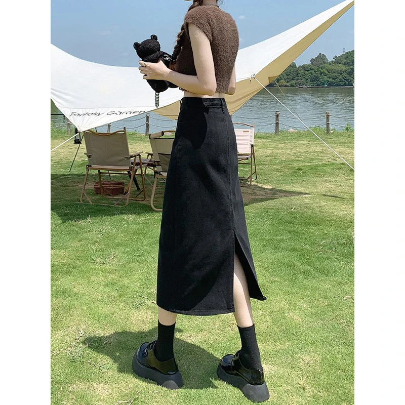 高腰开叉牛仔半身裙女2025新款春秋款小个子a字半裙黑色包臀长裙