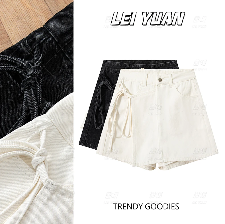 复古蓝牛仔短裙女小个子2025夏季新款高腰显瘦a字不规则绑带裙裤