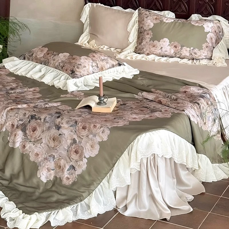 法式复古风兰精天丝夏凉被四件套数码印花少女心空调薄被子可床单