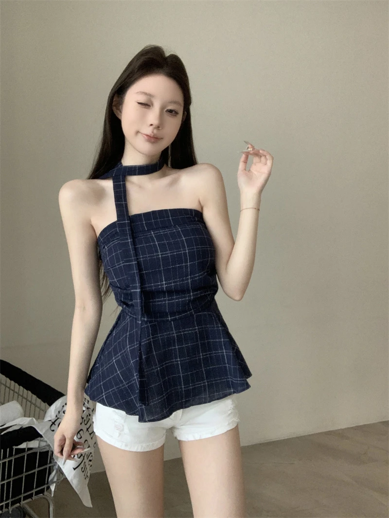蓝色格子飘带美背一字肩抹胸背心女夏季外穿性感纯欲辣妹短款上衣