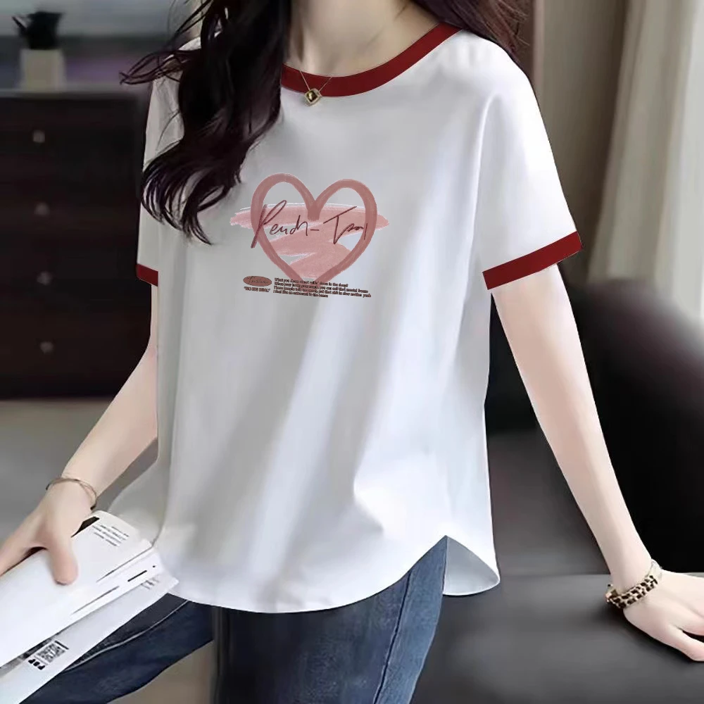 100%纯棉短袖撞色拼接T恤女新款小众洋气知性风温柔百搭宽松上衣