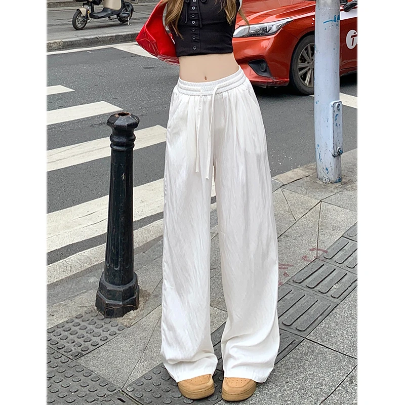 拉夏贝尔白色高腰休闲阔腿裤女士高档裤子宽松显瘦垂感拖地直筒裤