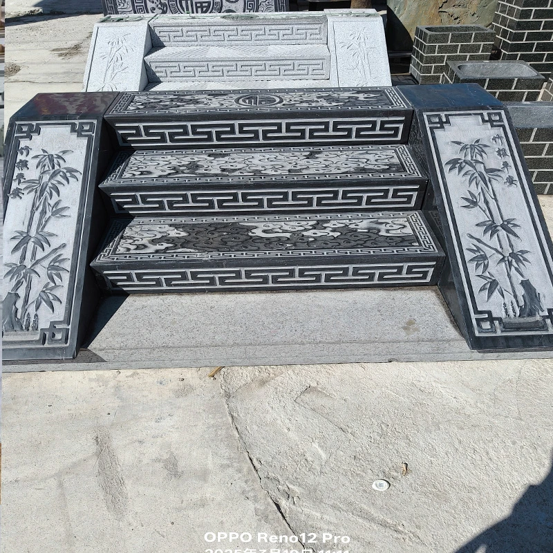 室外台阶踏步石雕门槛石中式庭院地雕祥云过门石天然青石铺路石板