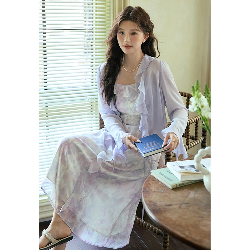 【五季家大码】夏季气质时尚显瘦紫色上衣+吊带裙两件套ZL106457