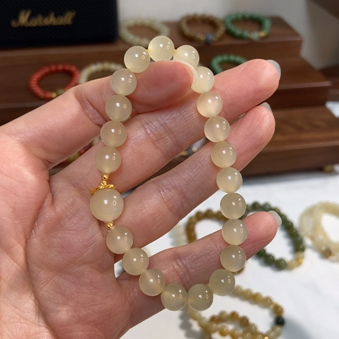 和田玉18K金镶嵌手链蜂蜜水8mm高冰底