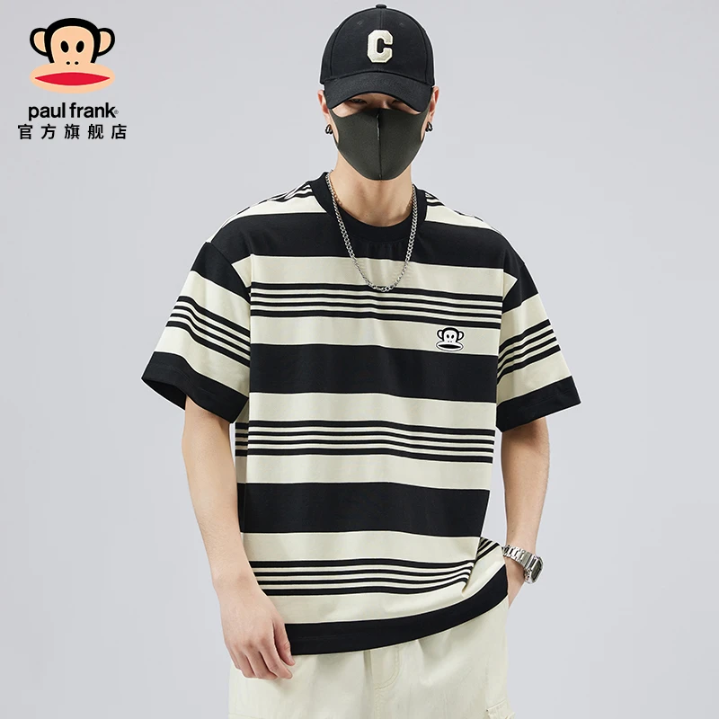 paul frank/大嘴猴薄款黑色条纹短袖t恤男款夏季冰丝透气半袖上衣