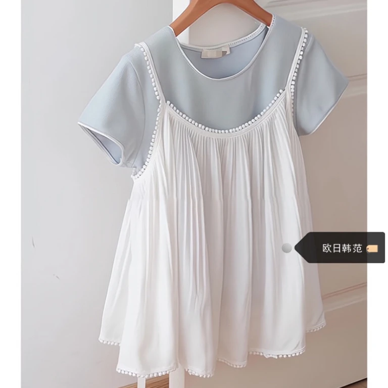 女童娃娃衫短袖T恤2025新款洋气上衣儿童韩版白色蕾丝吊带两件套