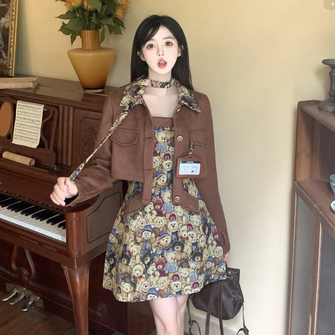 大码胖mm小熊焦糖早秋美拉德提花美式复古学院风收腰显瘦连衣裙女