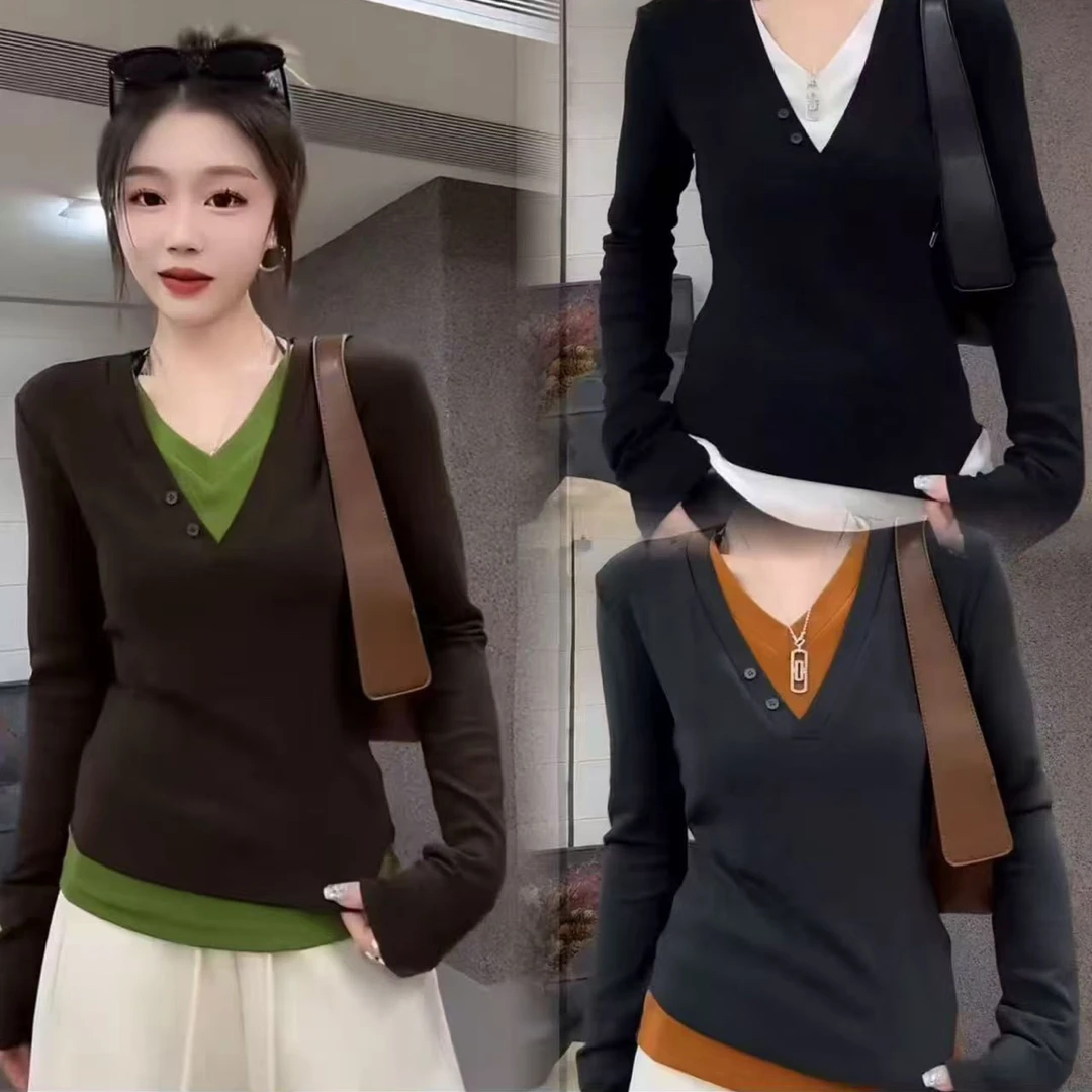V领拼接撞色假两件长袖T恤修身半开领设计感上衣秋季大码女装打底