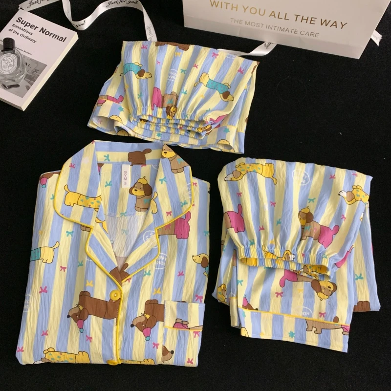 【夏款特价】韩版可爱眼镜狗条纹睡衣女短袖三件套薄款大码时尚套装