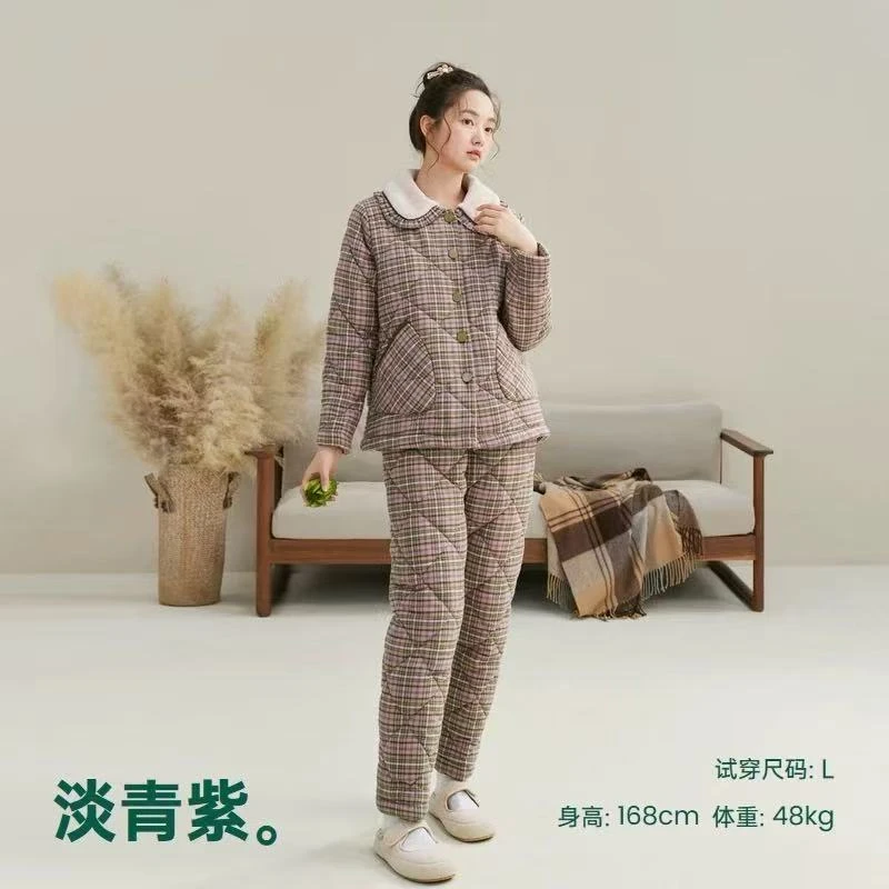 安之伴【巨保暖】梭织三层夹棉冬季睡衣女款套装家居服82551122321