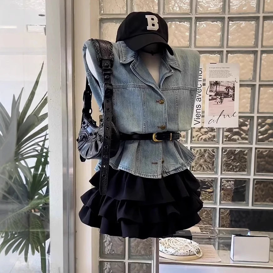 气质穿搭水洗蓝牛仔马夹配腰带夏季新款韩版百搭休闲马甲无袖上衣