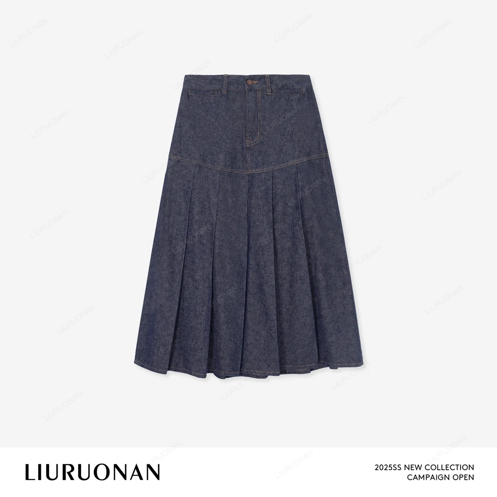 LIURUONAN 25SS【双色牛仔百褶裙】复古拼接设计感高腰A字半身裙女