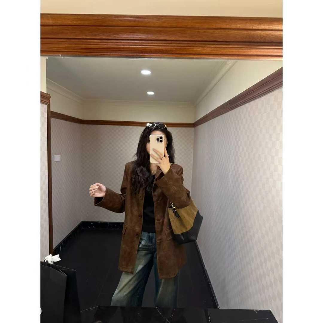 【 老钱美学】加长秋季小众宽松复古高级感洗褪植绒皮西装外套25147