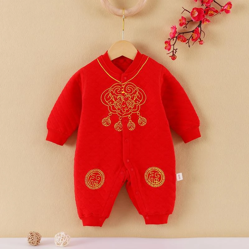 宝宝红色三层保暖连体衣婴儿喜庆过年服新生儿无骨缝满月百天服