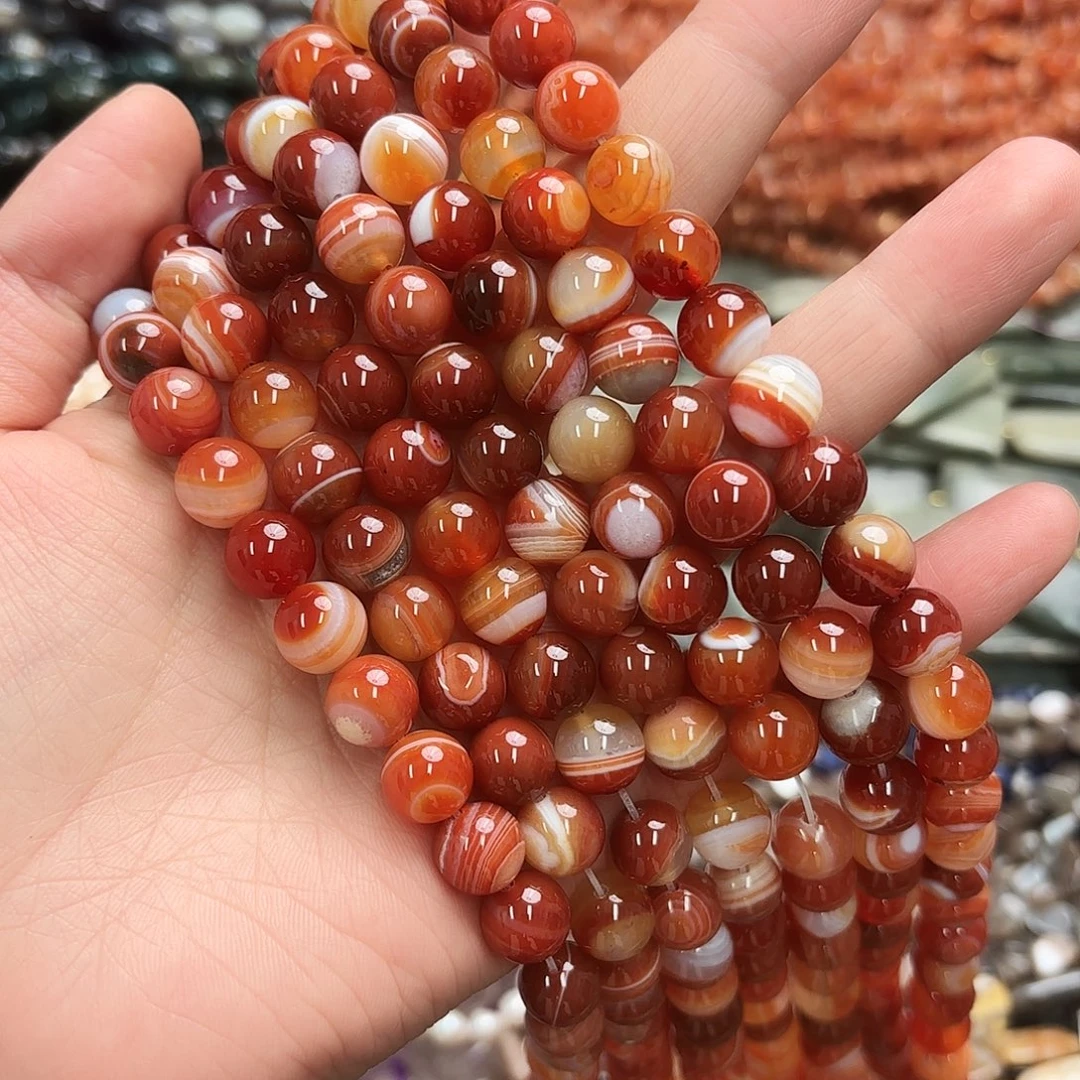 玛瑙/玉髓未镶嵌珠宝半成品卡十红条纹玛圆珠一条