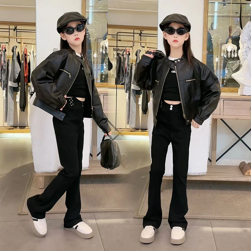 女童休闲裤子时尚皮衣夹克新款